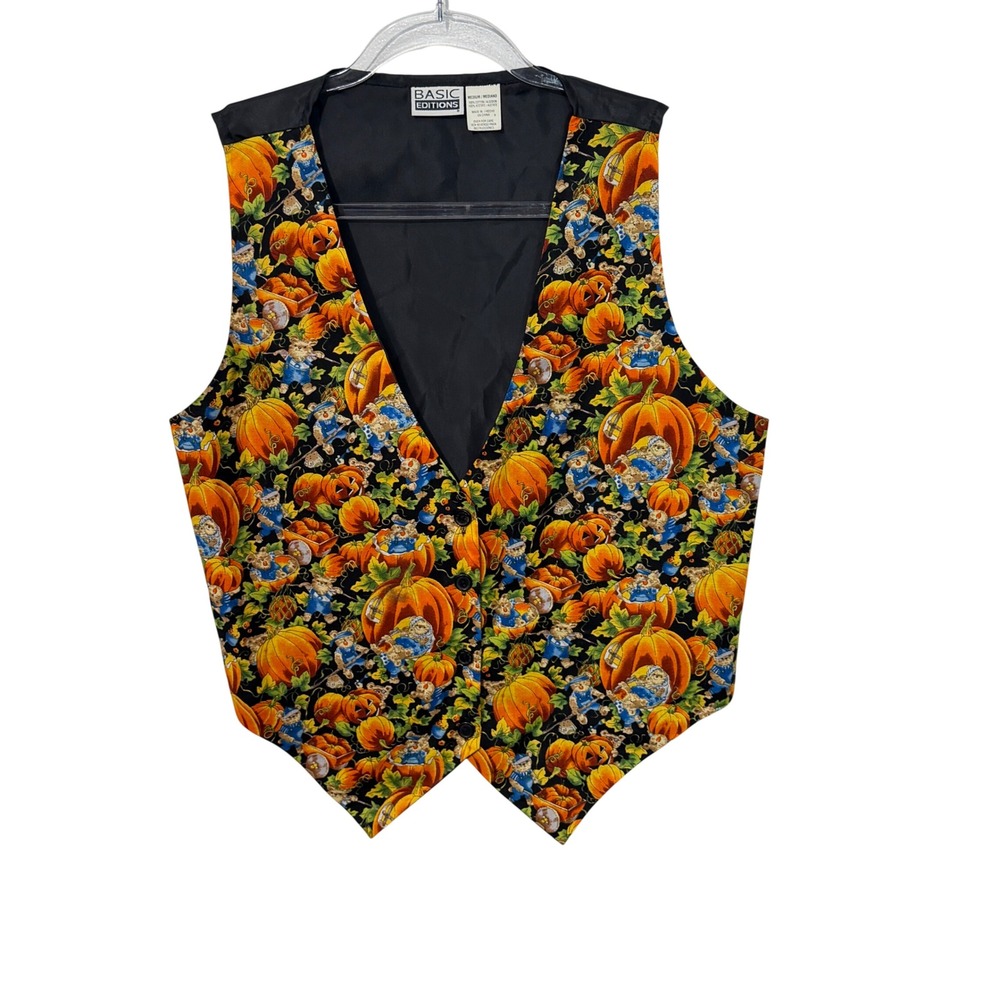 Basic Editions Vest Womens Medium Black Pumpkin Bear Halloween Fall Seasonal